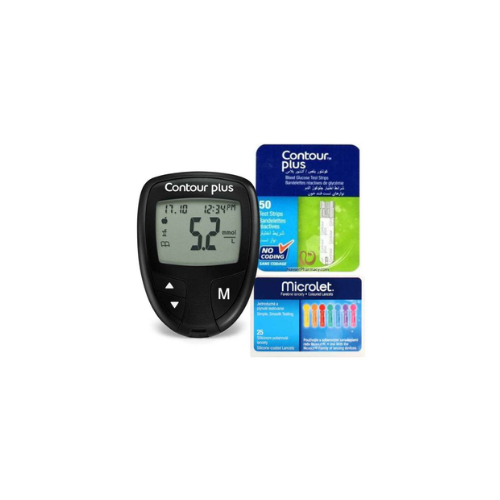 جهاز لفحص السكر بالدم كونتور بلس مع ٥٠ شريط و ٢٥ إبرة